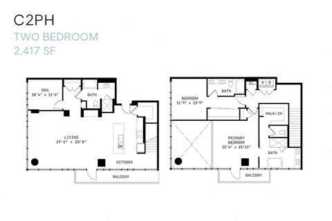 Floor plan for 2 beds, 3 baths, 2417 sqft